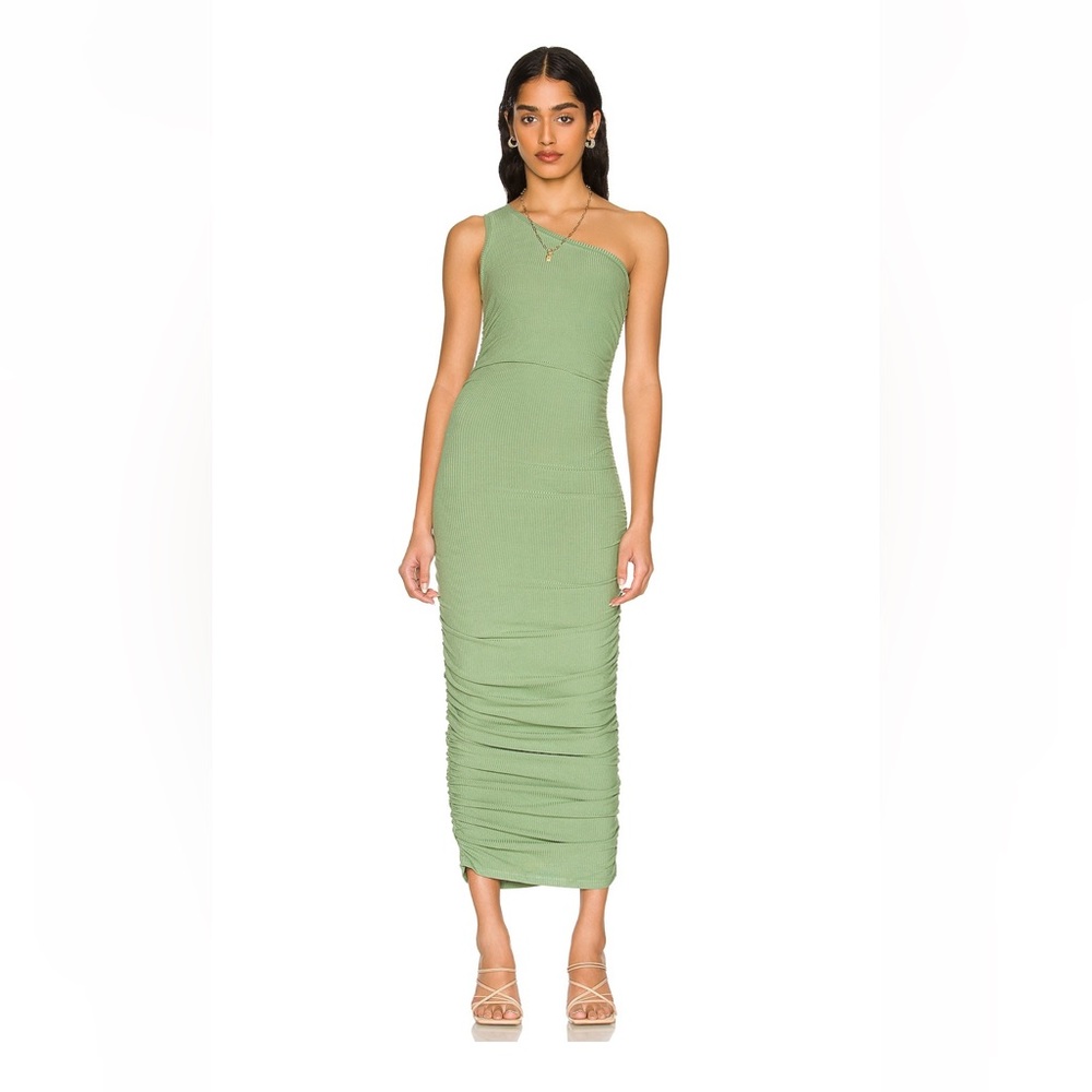 SNDYS Moss Green Ribbed One-Shoulder Ruched Midi Dress – Size S
